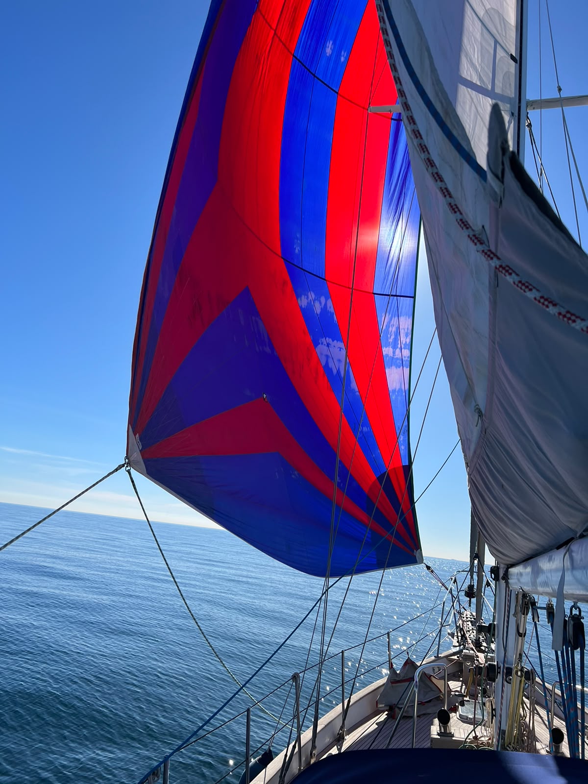 Spinnaker rojo y azul desplegado navegando frente a la Costa del Sol
